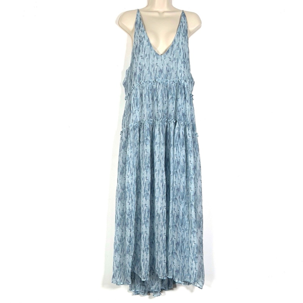 Arula Tiered Maxi Sun Dress Womens Sz A 1X Blue Abstract Strappy Sleeves